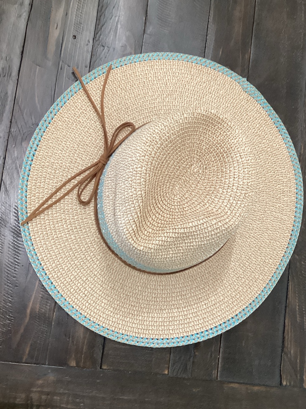 Wide-Brim Straw Sun Hat with Light Blue Trim and Brown Tie